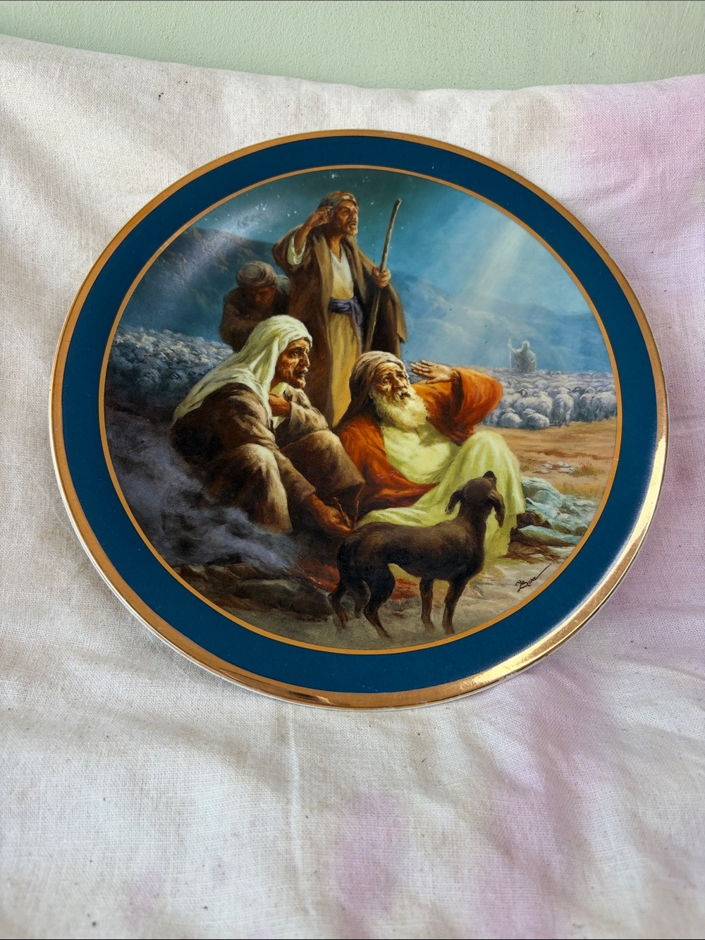 Decorative Biblical Scene Plate with Teal and Gold Rim